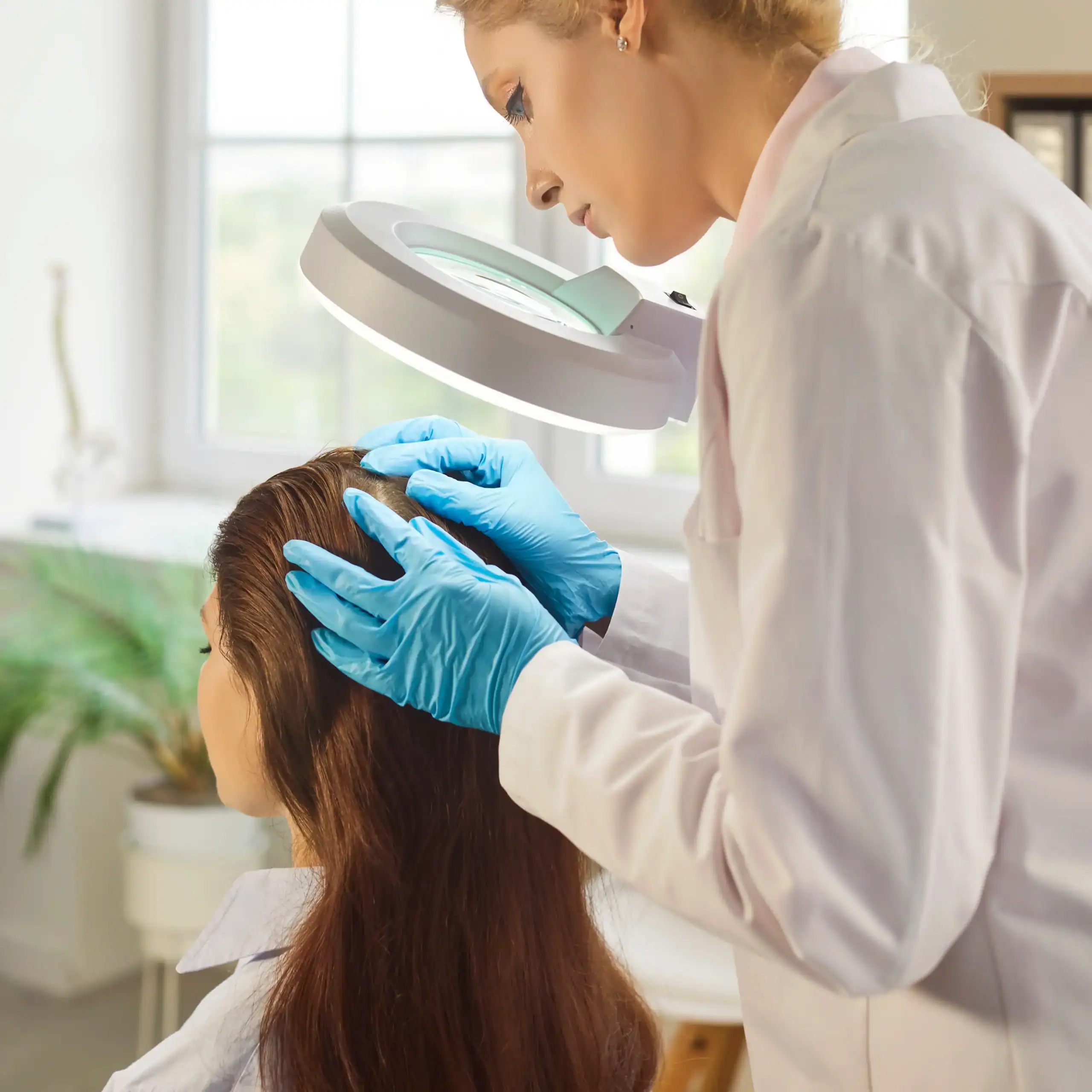 A doctor examines a woman's scalp for hair loss