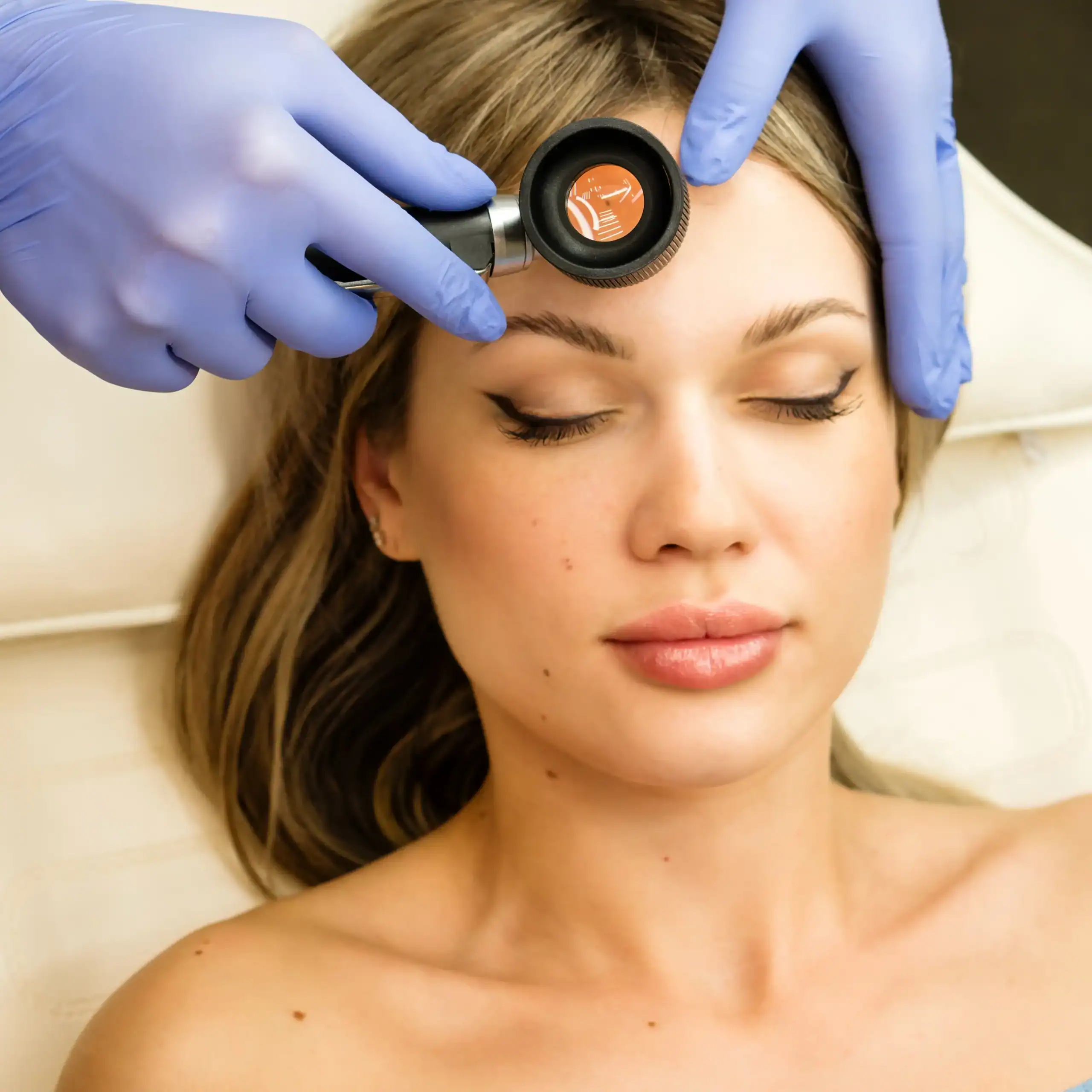 woman gets a skin growth checked at the dermatologist office