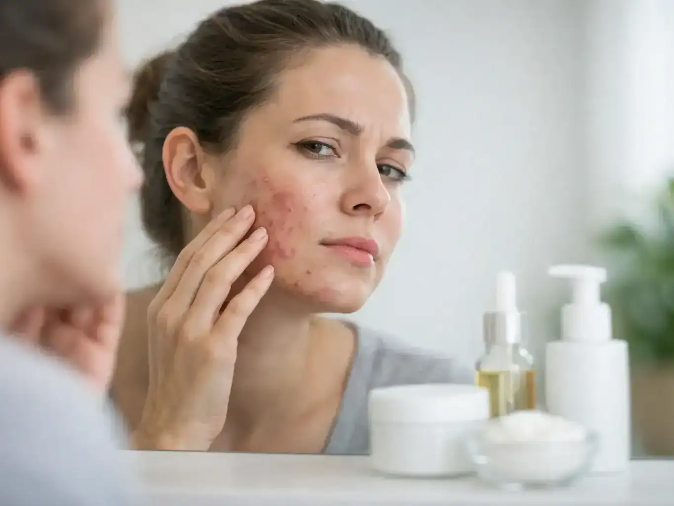 Woman with adult cystic acne touches a tenders spot on her face