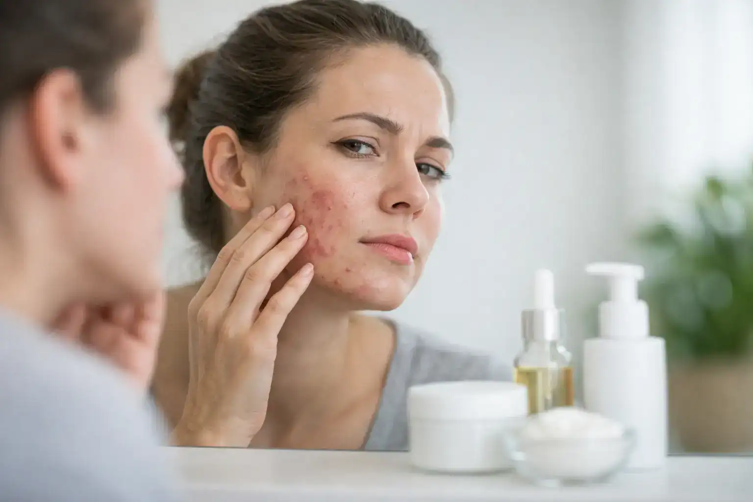 Una mujer con acné quístico en la edad adulta se toca una zona sensible de la cara