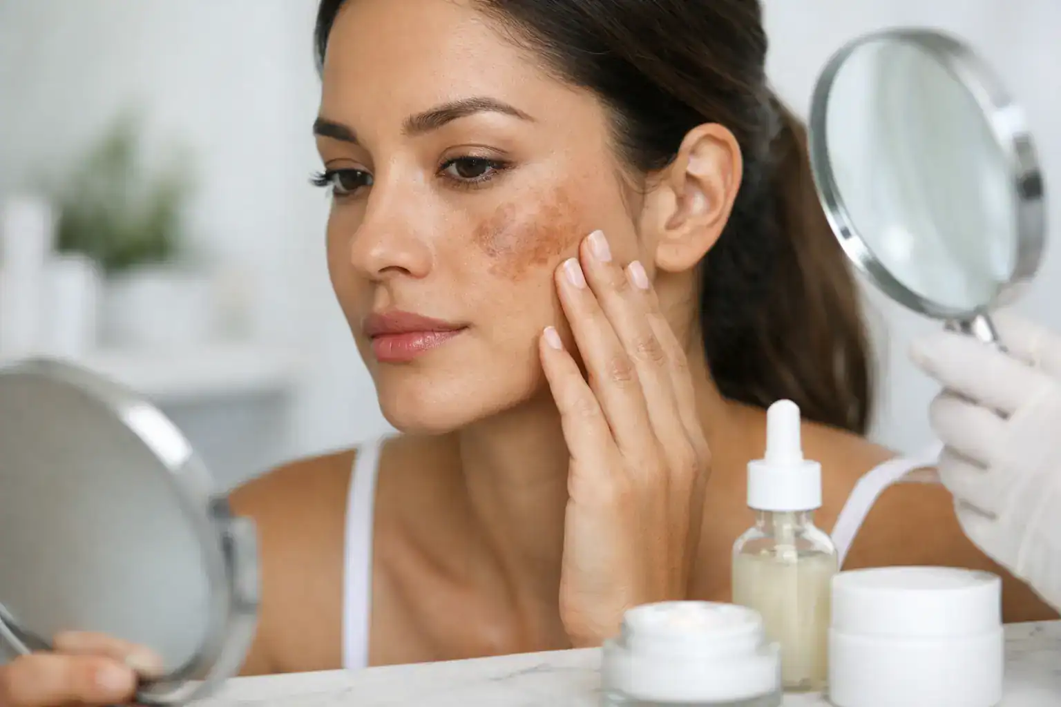 Una mujer se mira en el espejo una mancha de melasma que tiene en la cara
