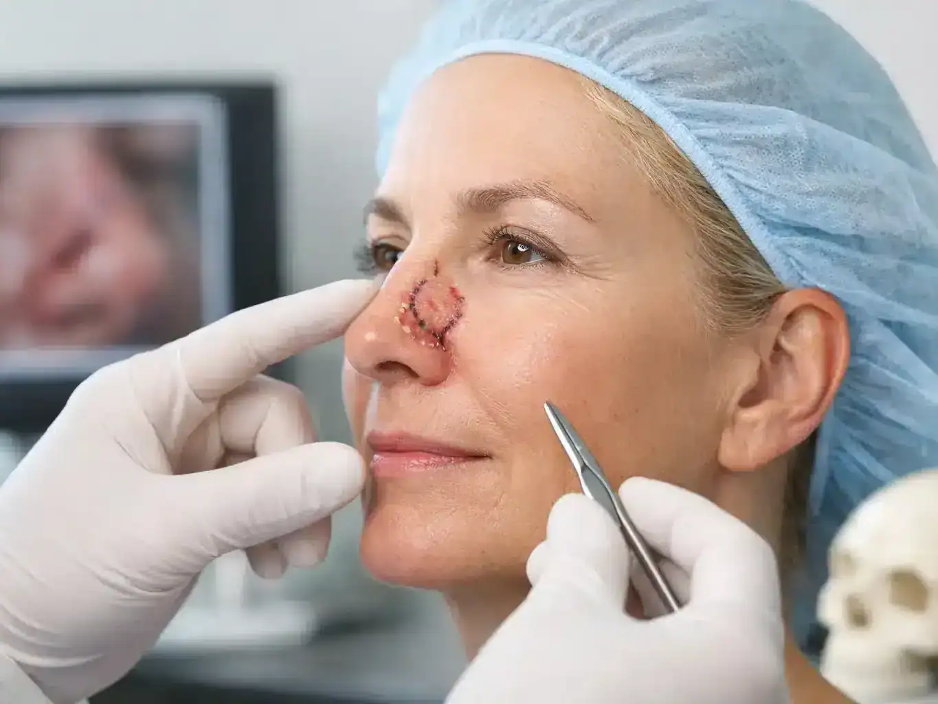 Woman with Mohs surgery nose reconstruction scar on her nose