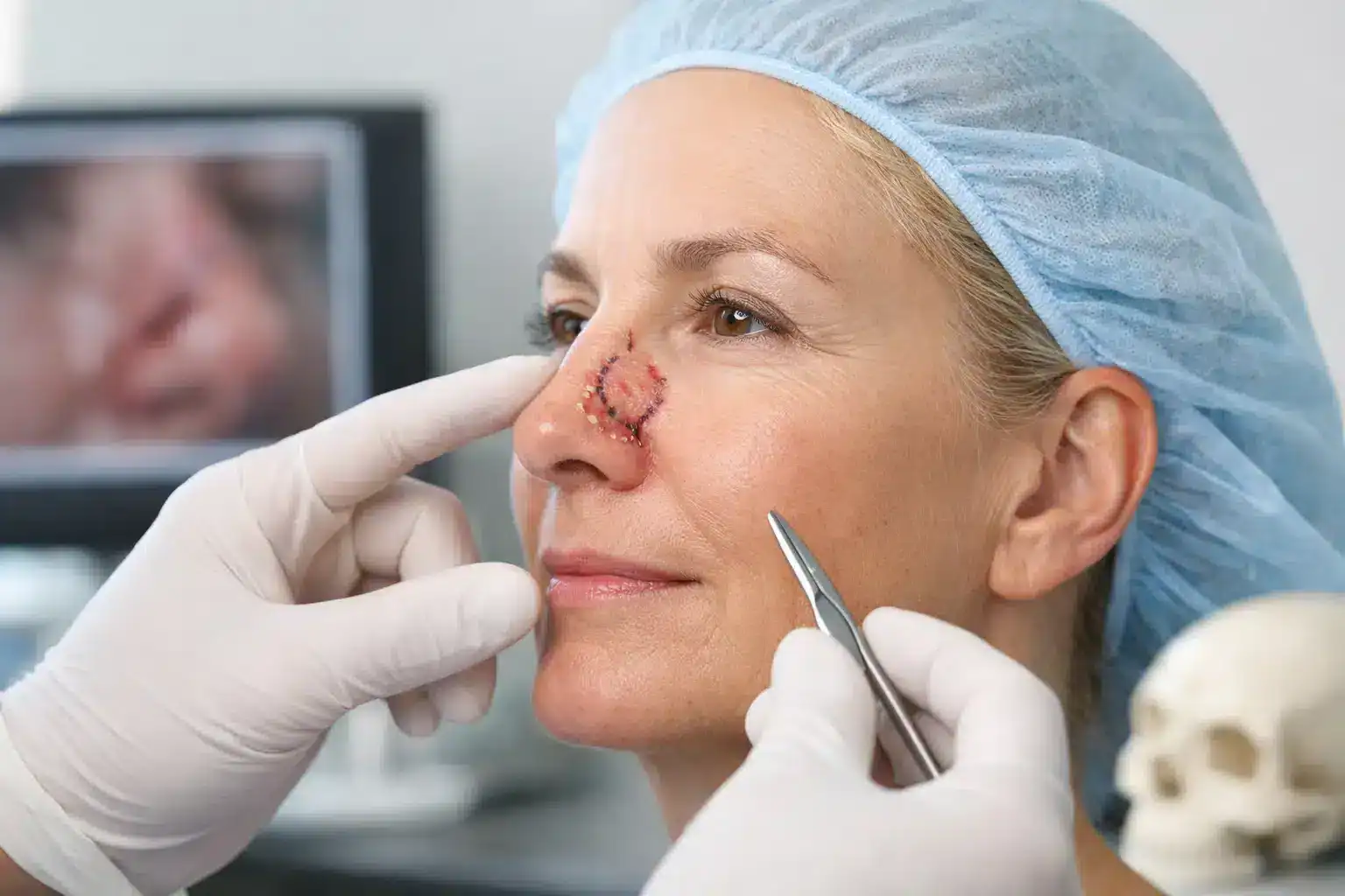 Woman with Mohs surgery nose reconstruction scar on her nose