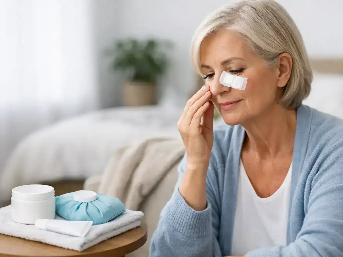 Woman with bandage on her face from Mohs surgery