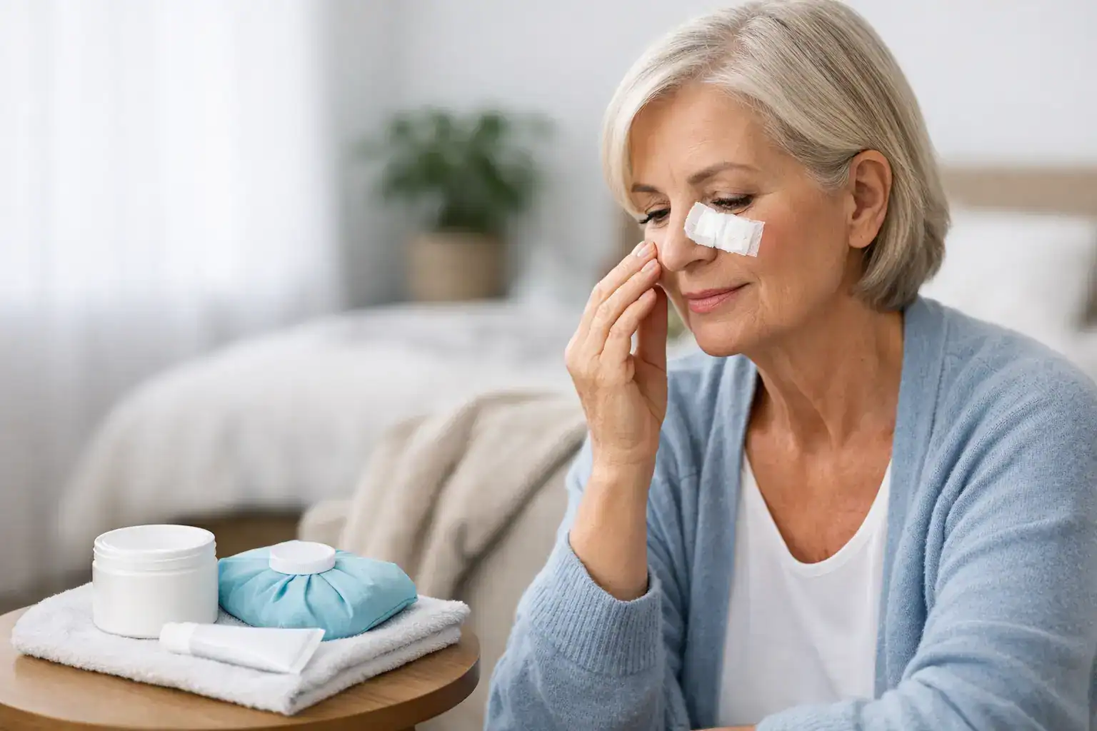 Mujer con una venda en la cara tras someterse a una cirugía de Mohs